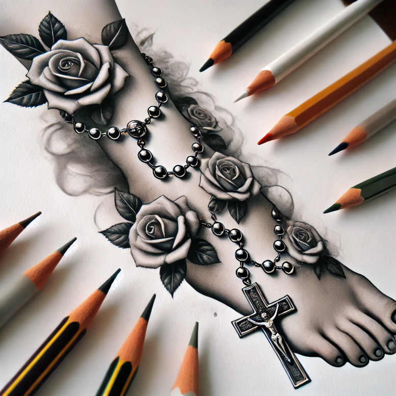 Black and grey grayscale tattoo study of a foot wrapped by a rosary and roses, with a cross; pencil sketch style; project idea; suitable for a cover-up.