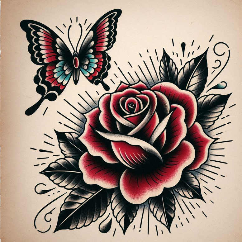Butterfly, rose, and leaves in black and grey; AI-generated tattoo project; cover-up-ready with pattern accents.
