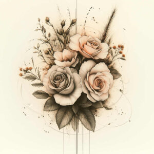 Peach and grey rose bouquet with leaves and buds, fine-line ink, and abstract accents; AI-generated tattoo project idea; not ideal for cover-up.