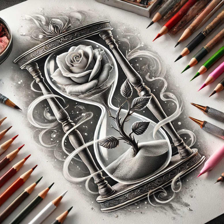 Hourglass with a blooming rose and twisting vine in black and grey; design idea for a tattoo project, AI-generated.