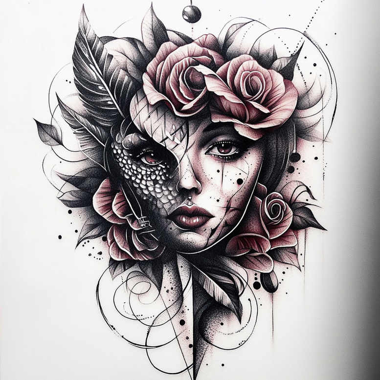 Portrait of a woman's face in black and grey shading, framed by pink roses and leaves, with geometric linework; tattoo design concept; suitable for a cover-up.