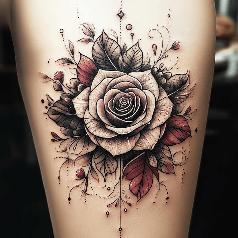 Rose in black and grey with leaves, buds, and decorative dotted line pattern; AI-generated tattoo project; cover-up suitable.