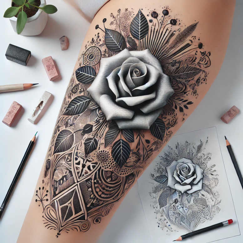 rose-flower-tattoo – tattoo design ideas free ai generated – micro-symbol – for-back-of-neck – Gallery: roses-inkby-ai