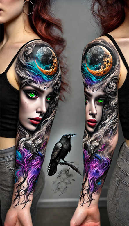 Portrait of a woman on both sleeves; emerald eyes, red lips, grayscale hair with blue and purple highlights; orange moon above; raven on a branch between the arms; full-color tattoo project.
