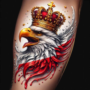 Eagle head with gold crown, white and gray feathers, red and white stripes, black background; AI-generated tattoo project; not ideal for cover-up.