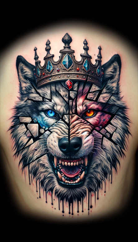 Wolf head tattoo in black and grey with a jeweled crown, blue left eye and orange right eye, and shattered glass shards across the snout; project, cover-up-ready.