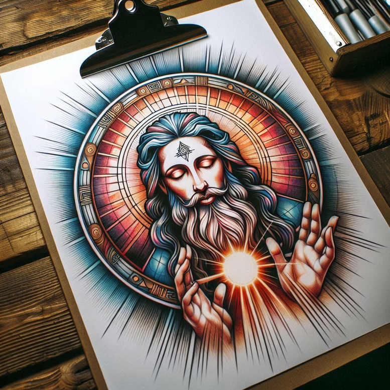 Face, hand, halo, circle, orb, beard, hair, robe; full color; AI-generated tattoo project; suitable for a cover-up.