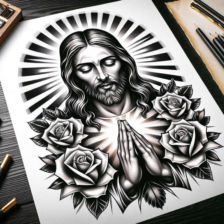 Jesus, praying hands, halo, Sacred Heart, and roses in black and grey; AI-generated tattoo project idea, suitable for cover-up.