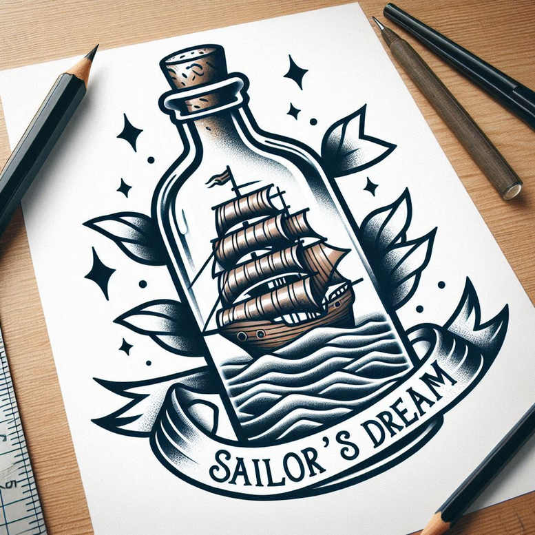 Bottle with ship inside, sails, waves, stars, and leaves, with a banner Sailor's Dream; black and grey tattoo project; AI-generated.