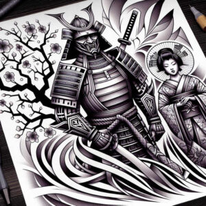 Samurai in ornate armor with dual swords, a geisha, flowing ribbons, and blossoming cherry branches in black and grey; AI-generated tattoo project; suitable for cover-up.