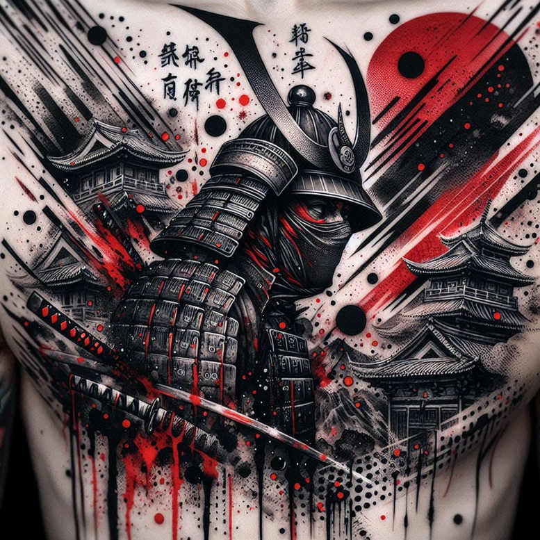 Black-and-grey samurai armor with a katana, red ink splashes, and pagoda silhouettes; Japanese kanji above; tattoo project idea suitable for cover-up.