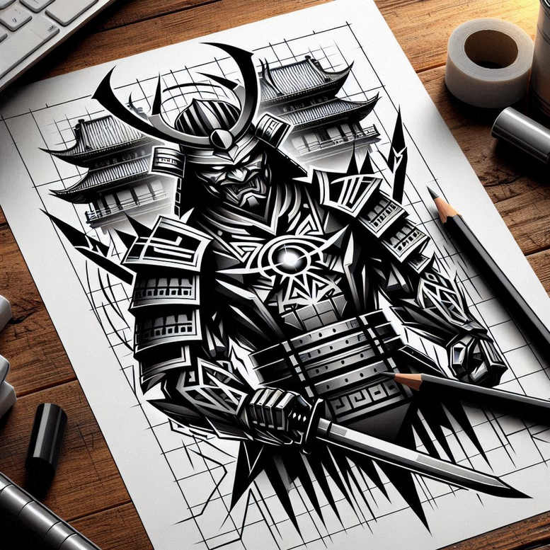 Samurai armor in black and grey with a katana, pagoda backdrop, and intricate pattern work; AI-generated tattoo project concept, clearly suitable for cover-up.