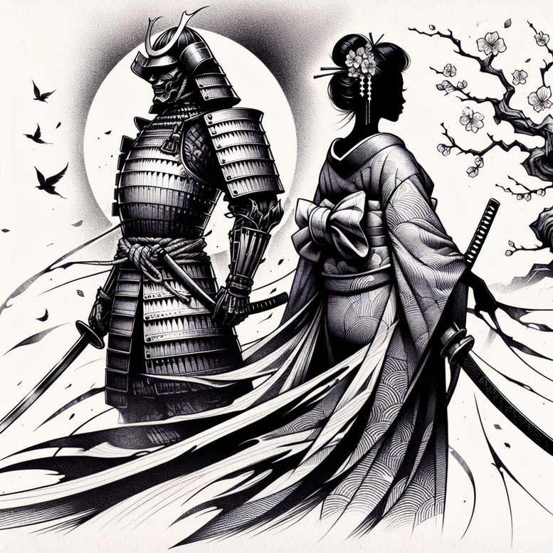 Samurai in black and grey armor beside a geisha in a flowing kimono, sun circle behind, katana in hand, cherry blossoms on a branch; tattoo project idea, cover-up suitable.