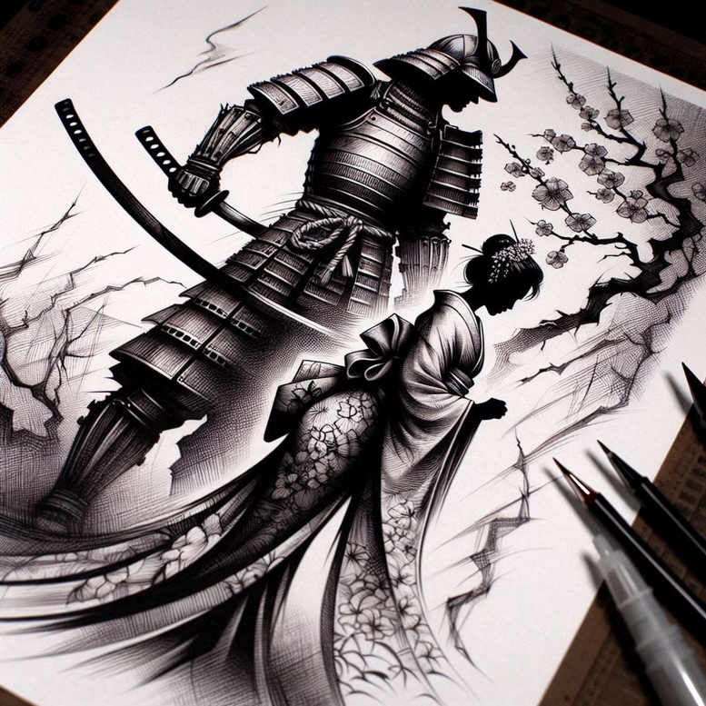 Large black-and-grey tattoo design featuring a samurai in armor towering over a geisha, with a katana and cherry blossoms; cover-up-ready project.