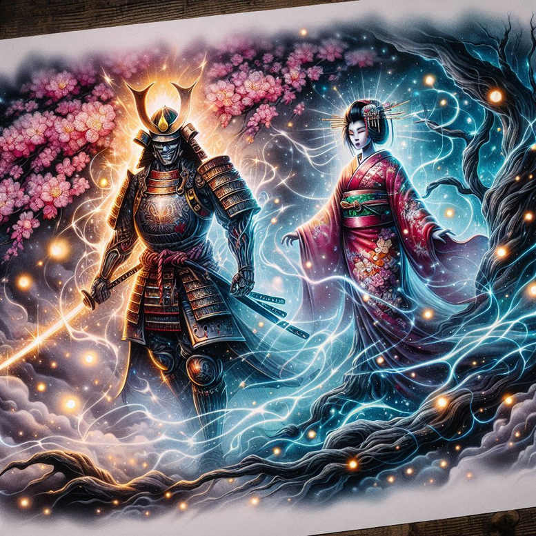 Colorful tattoo illustration of a samurai in armor and a geisha in a pink kimono, with neon energy lines, cherry blossoms, and glowing orbs; AI-generated tattoo project; suitable for cover-up.