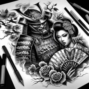 Samurai, geisha, armor, fan, rose, cherry blossom, leaves in black and grey; tattoo project, cover-up ready, with pattern elements.
