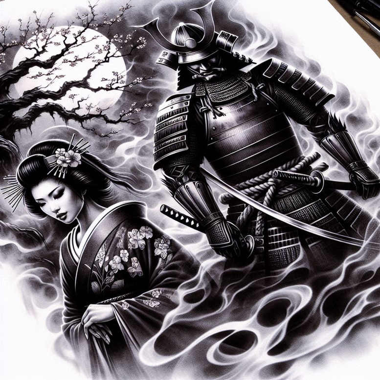 Black and grey samurai armor with geisha and blossoms on a smoky background; a project concept ideal for a cover-up.