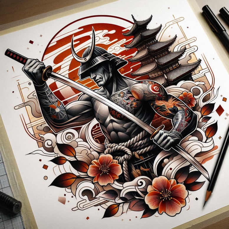 Samurai in black and grey armor wielding a katana before a pagoda under a red sun; orange flowers, clouds, rope belt visible; tattoo project; cover-up friendly.