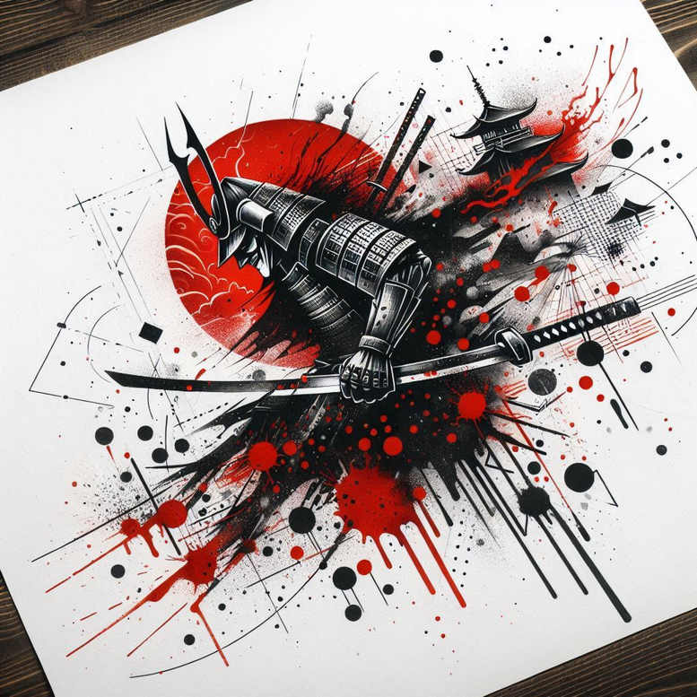 Samurai in black grey armor wielding a katana, red sun, pagoda silhouette, and black-red ink splashes; cover-up-ready tattoo project.
