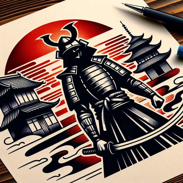 Samurai silhouette with katana, pagoda temples, and red sun in black and grey ink; AI-generated tattoo project; cover-up ready.