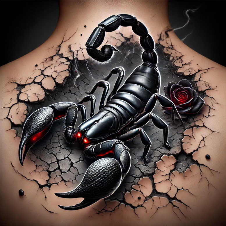 Scorpion (black and grey) with red eyes and rose on cracked skin; AI-generated tattoo project; cover-up ready.