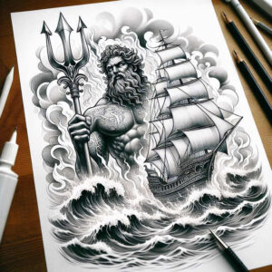 Concept black and grey Poseidon tattoo idea showing Poseidon with a trident beside a sailing ship amid crashing waves and dark clouds; concept sketch for a tattoo design; cover-up suitable.