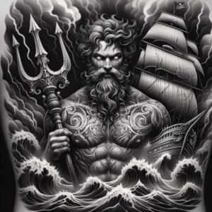 Sea God with trident, sailing ship, and waves in black and grey; AI-generated tattoo design concept; cover-up suitable.
