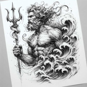 Sea god with trident in black and grey ink, muscular man with flowing hair and beard, surrounded by curling waves and spray; tattoo project, ideal for a cover-up.