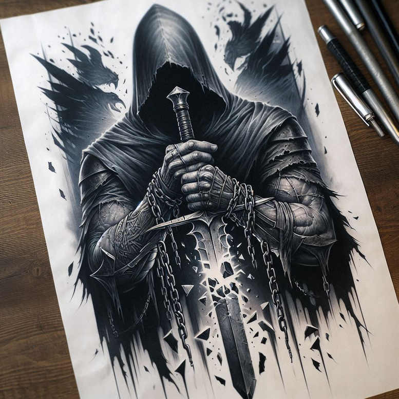 Figure, sword, chain, cloak, shard in black and grey; cover-up tattoo design idea.