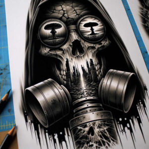 Skull and gas mask with cityscape in black and grey; AI-generated tattoo project; cover-up ready.