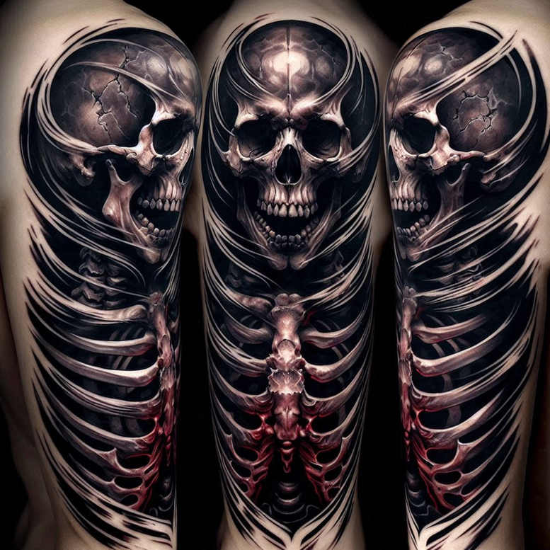 Three-panel skull and ribcage sleeve in black and grey; AI-generated tattoo project, ideal for cover-up.