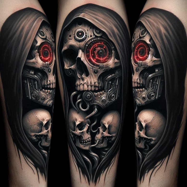 Central skull with red cyber eye, hood, gears, and tubes in black and grey; a tattoo project suitable for cover-up pattern.