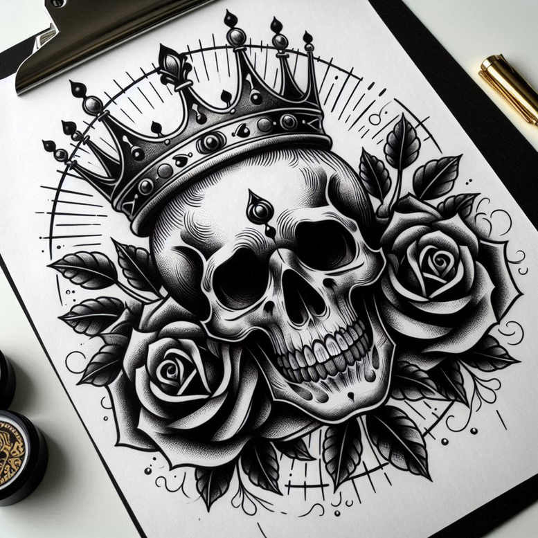 Skull wearing a crown with roses and leaves in black and grey; AI-generated tattoo project; cover-up ready.