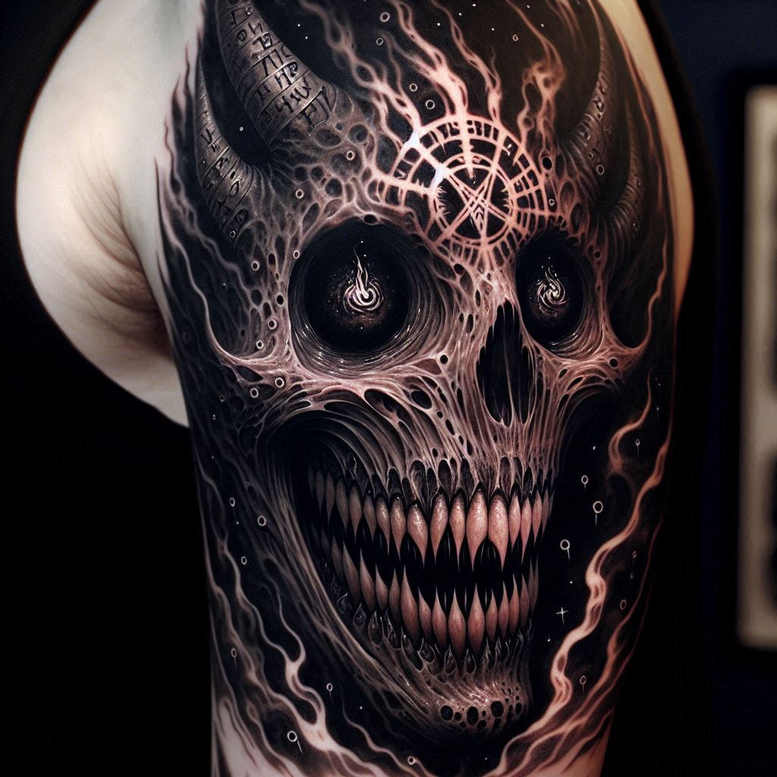 Skull, flames, eye sockets, teeth, and forehead pattern in black and grey; AI-generated tattoo project; ideal cover-up.