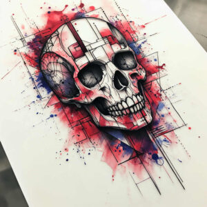 Skull with geometric linework in black ink, red and blue watercolor splashes; tattoo design idea, suitable for cover-up.