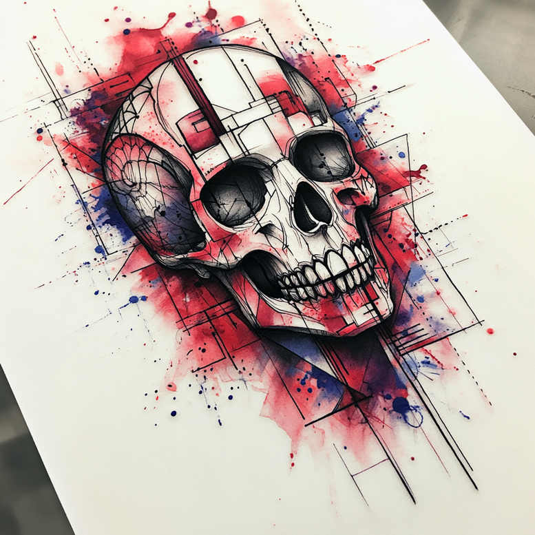 Skull with geometric linework in black ink, red and blue watercolor splashes; tattoo design idea, suitable for cover-up.