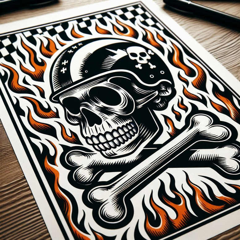 Skull wearing helmet with crossbones motif, surrounded by orange flames; black and grey tattoo project idea, cover-up suitable.