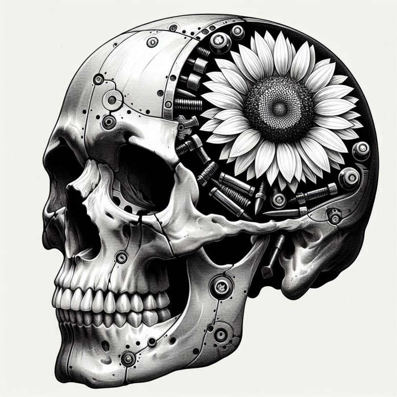 Skull, sunflower, gear, screw, bolt in black and grey; AI-generated tattoo project; suitable for cover-up.