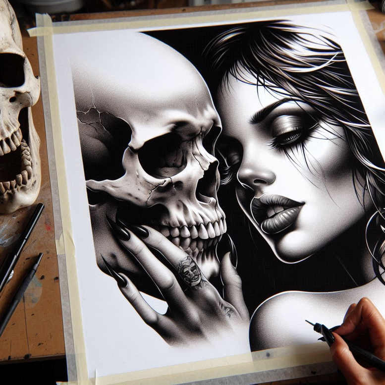 Skull and woman's face in black and grey tones; hand with long nails; AI-generated tattoo project; suitable for cover-up.