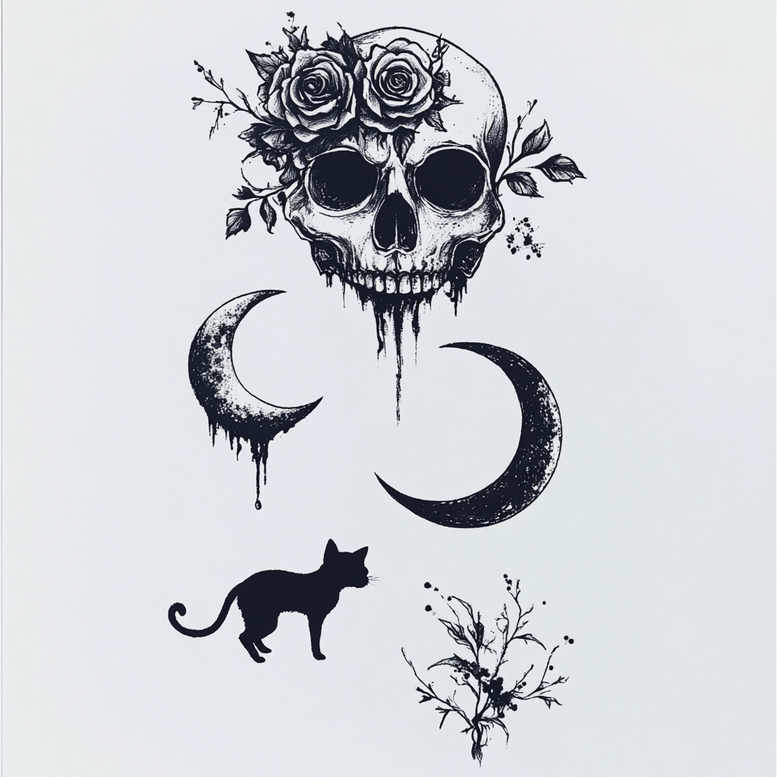 Skull with roses, crescent moons, cat silhouette, and sprig in black and grey ink on light background; tattoo project; cover-up-ready.