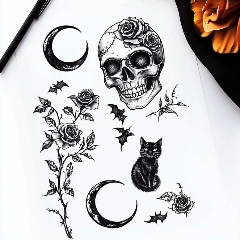 Skull, rose, moon, bat, cat; black and grey ink on white background; cover-up tattoo design project.