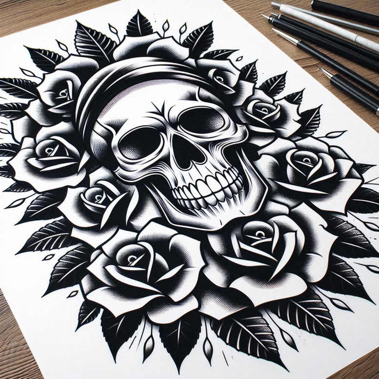 Black and grey skull surrounded by roses and leaves; tattoo design idea, AI-generated, suitable for a cover-up.
