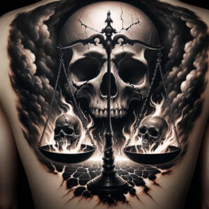 Large back tattoo with skull, scales, flames, and cracked ground in black and grey; AI-generated tattoo project, ideal for cover-up.