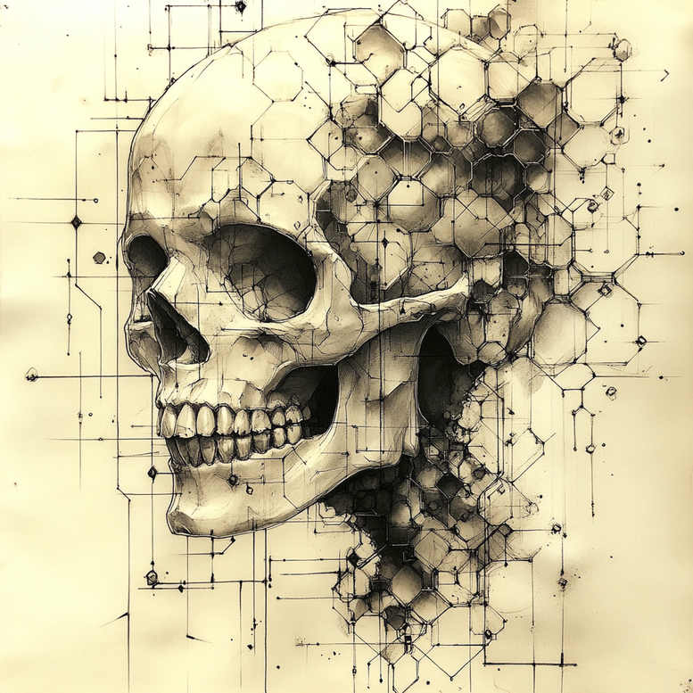 Skull, honeycomb hexagon pattern, and geometric grid lines in black and grey; AI-generated tattoo project; suitable for cover-up.