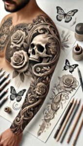 abstract-skull-tattoo – tattoo design ideas free ai generated – dark – for-foot – Gallery: skulls-inkby-ai