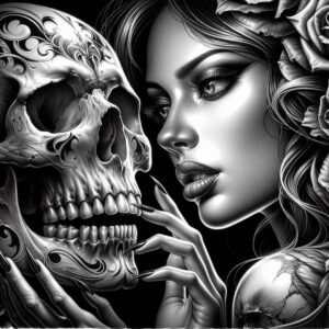 artistic-detail-skull-tattoo – tattoo design ideas free ai generated – distorted – for-lower-arm – Gallery: skulls-inkby-ai