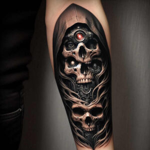 bold-contour-skull-tattoo – tattoo design ideas free ai generated – macabre – for-back-of-neck – Gallery: skulls-inkby-ai