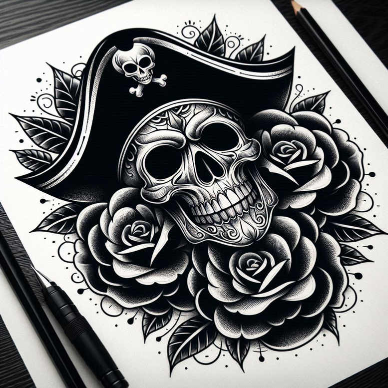 contour-skull-tattoo – tattoo design ideas free ai generated – noir – for-biceps – Gallery: skulls-inkby-ai