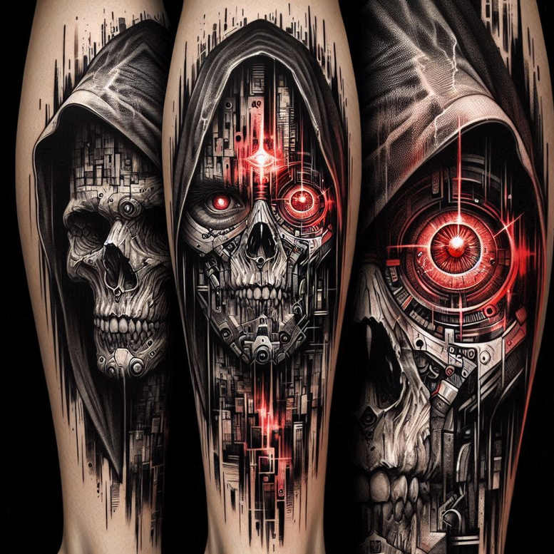 energy-motif-skull-tattoo – tattoo design ideas free ai generated – moody – for-outer-arm – Gallery: skulls-inkby-ai