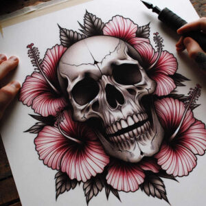 energy-motif-skull-tattoo – tattoo design ideas free ai generated – stitched – for-lower-leg – Gallery: skulls-inkby-ai